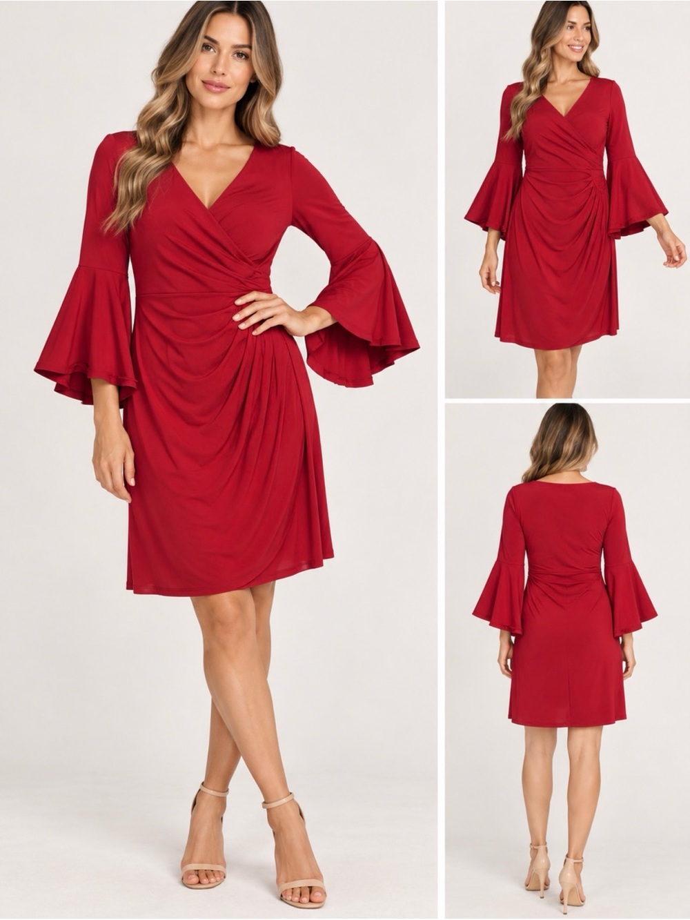 Lauren Ralph Lauren Red Draped V-Neck Dress with Bell Sleeves size 10